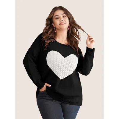 Bloomchic Heart Cable Knit Two Tone Raglan Sleeve Pullover In Black