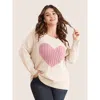 Bloomchic Heart Cable Knit Two Tone Raglan Sleeve Pullover In White