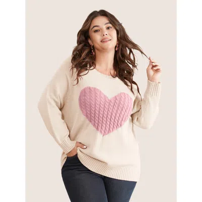 Bloomchic Heart Cable Knit Two Tone Raglan Sleeve Pullover In White