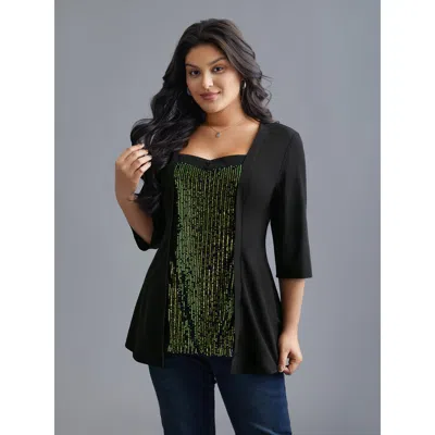 Bloomchic Heart Neckline Patchwork Button Detail Top In Black