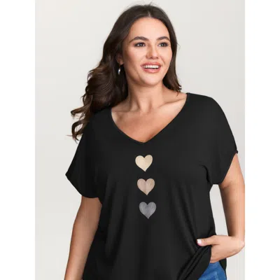 Bloomchic Heart Print Stretchy Dolman Sleeve T-shirt In Black