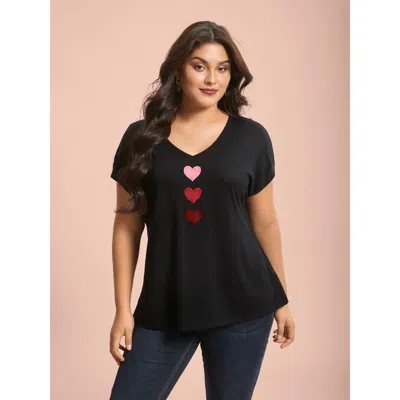 Bloomchic Heart Print Stretchy Dolman Sleeve T-shirt In Black