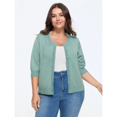 Bloomchic Heather Crew Neck 3/4 Sleeve Knit Cardigan In Greenbean