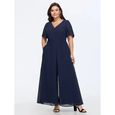 Bloomchic Hidden Zipper Layered Pockets Jumpsuit In Blue