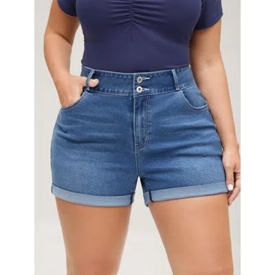 Bloomchic High-rise Folded Hem Skinny-fit Denim Shorts In Blue