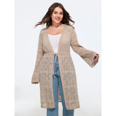 Bloomchic Hollow Drawstring Waist Open‑front Crochet Cardigan In Gold