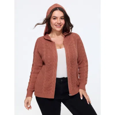 Bloomchic Hooded Cable Knit Zipper Cardigan In Brown