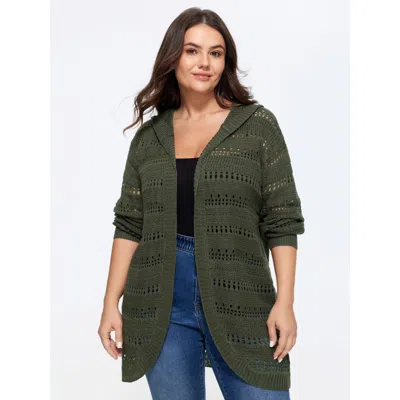 Bloomchic Hooded Open Front Cut Out Long Cardigan In Green