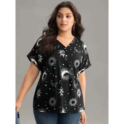 Bloomchic Horoscope Print V Neck Cuffed Dolman Sleeve T-shirt In Blue