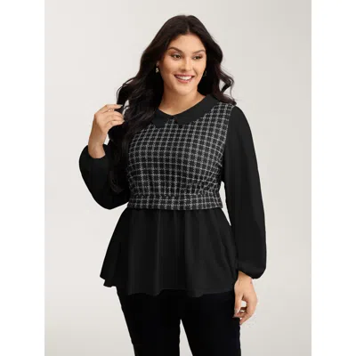 Bloomchic Houndstooth Pattern Color Contrast Blouse In Black