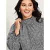 Bloomchic Houndstooth Pattern Ruffled Collar Blouse In Gray
