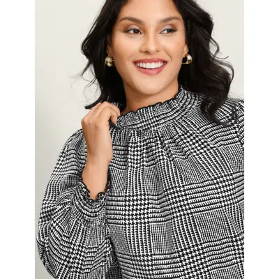 Bloomchic Houndstooth Pattern Ruffled Collar Blouse In Gray