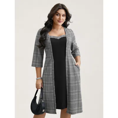 Bloomchic Houndstooth Print Waist-cinched Patchwork Midi Dress In Gray