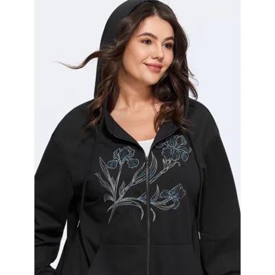 Bloomchic Iris Floral Embroidered Full Zip Hoodie In Black
