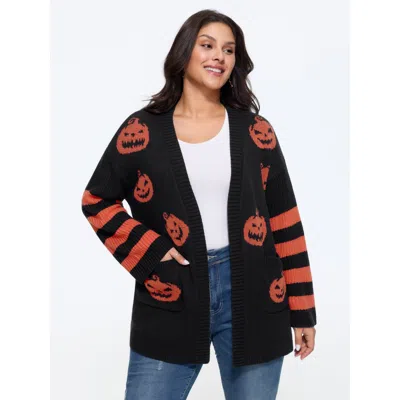 Bloomchic Jack‑o‑lantern Jacquard Pocket Open‑front Cardigan In Black