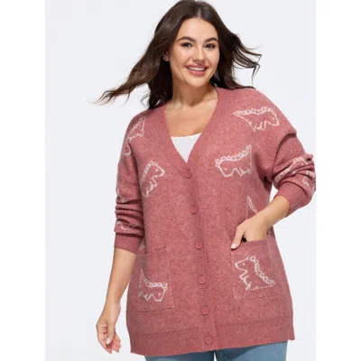Bloomchic Jacquard Dinosaur Print Knit Cardigan In Brown