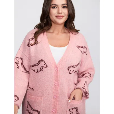 Bloomchic Jacquard Dinosaur Print Knit Cardigan In Pink