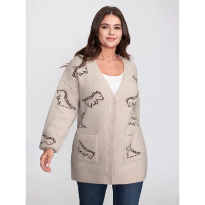 Bloomchic Jacquard Dinosaur Print Knit Cardigan In Gray