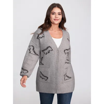 Bloomchic Jacquard Dinosaur Print Knit Cardigan In Gray