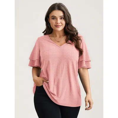 Bloomchic Jacquard Textured Lotus Leaf Sleeve Top In Pink