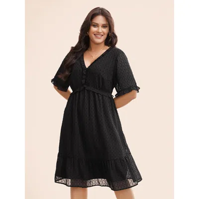 Bloomchic Jacquard V Neck Ruffle Sleeve Dress In Black
