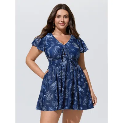 Bloomchic Jellyfish Print Pockets Flowy Swim Dress In Blue