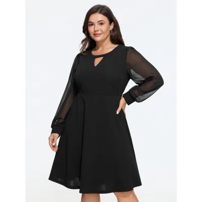 Bloomchic Keyhole Neck Sheer Long Sleeve Mini Dress In Black