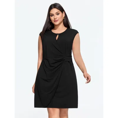 Bloomchic Keyhole Round Neck Twist Front Ruched Mini Dress In Black