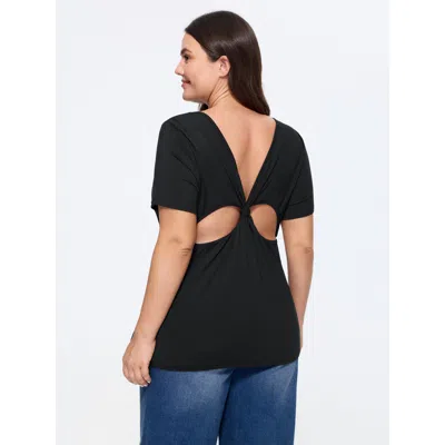 Bloomchic Knotted Back Cut Out Fitted Plain T-shirt In Black