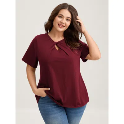 Bloomchic Knotted Cut-out Neckline Solid T-shirt In Merlot