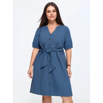 Bloomchic Knotted Front Textured Button Mini Dress In Mediumblue