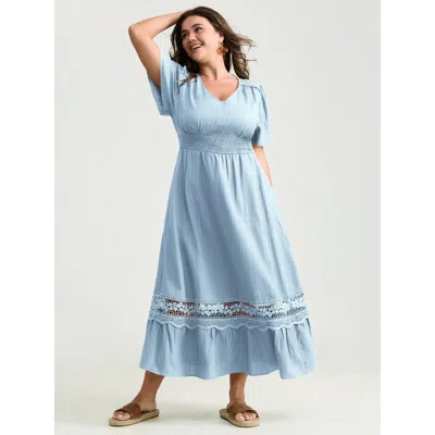 Bloomchic Lace Cut-out Shirred Solid Maxi Dress In Blue