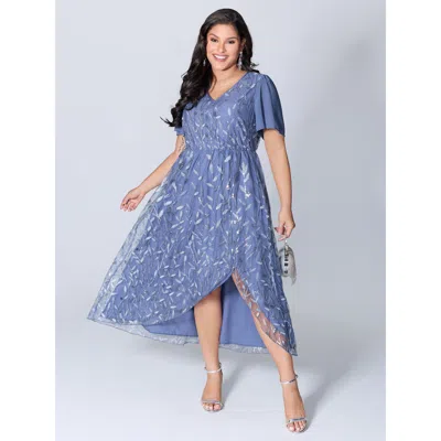 Bloomchic Lace Mesh Petal Hem Leaf Sequin Midi Dress In Blue
