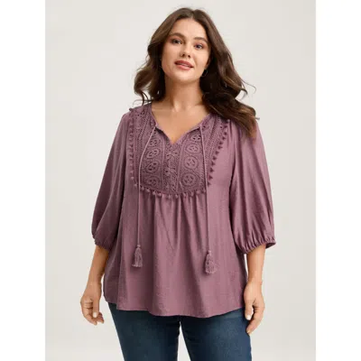 Bloomchic Lace Neck Tie Flowy Solid Blouse In Purple