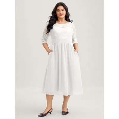 Bloomchic Lace Patchwork Shirred Midi Pocket Dress In White