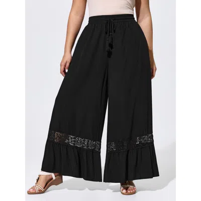 Bloomchic Lace Ruffled Hem Wide-leg Pants In Black