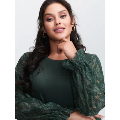 Bloomchic Lace Shirred Cuff Sleeve Sweatshirt In Green