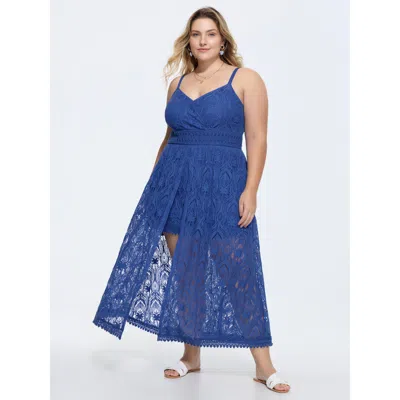 Bloomchic Lace Textured Shirred Flowy Romper In Blue