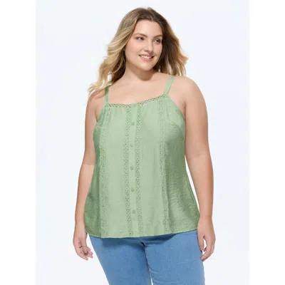 Bloomchic Lace Trim Button Detail Tank Top In Green