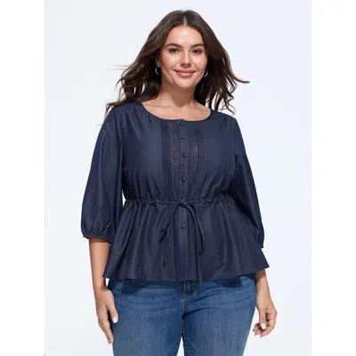 Bloomchic Lace Trim Button Front Tie Waist Faux Denim Blouse In Blue