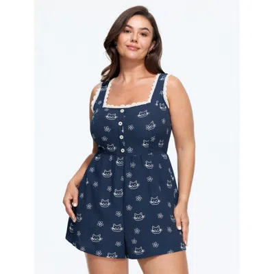 Bloomchic Lace Trim Cat Floral Print Sleeveless Romper In Dark_blue