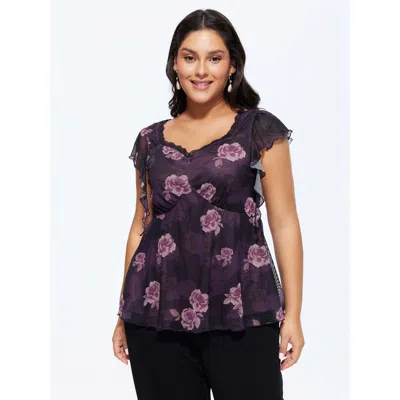 Bloomchic Lace Trim Floral Print Knit Top In Purple