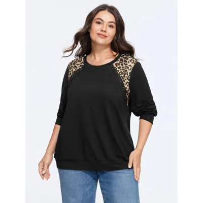 Bloomchic Lace Trim Leopard Shoulder Patch Sweatshirt In Black