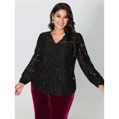 Bloomchic Lace Trim Sheer Ruffled Collar Button Shirt In Black