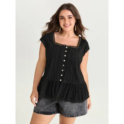Bloomchic Lace Trim Sheer Ruffled Hem Blouse In Black