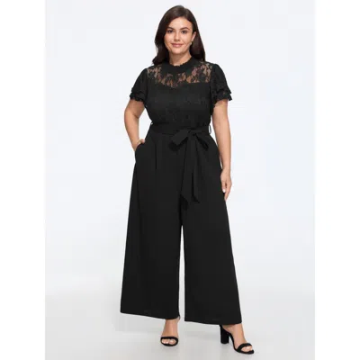 Bloomchic Lace Trim Short Sleeve Tie Waist Wide Leg Jumpsuit In Black