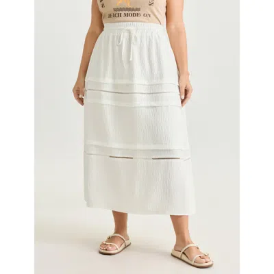 Bloomchic Lace Trim Tiered Drawstring Waist Maxi Skirt In White