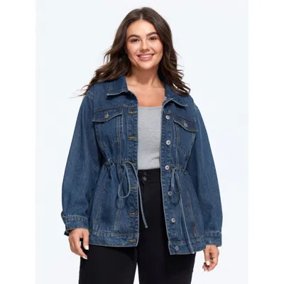 Bloomchic Lapel Collar Adjustable Waist‑tie Denim Jacket In Midblue