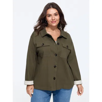 Bloomchic Lapel Collar Button‑front Flap Pockets Jacket In Armygreen