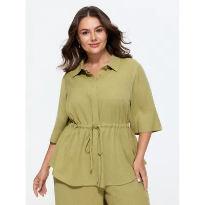 Bloomchic Lapel Collar Drawstring Waist Blouse In Green